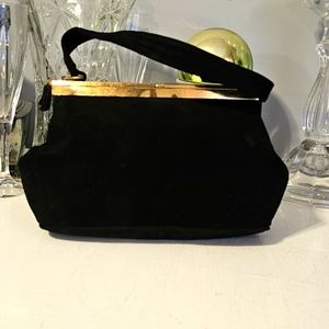Authentic 1950's Vintage Bienen Davis Purse w/Handle, Black Suede, Satin Lining.